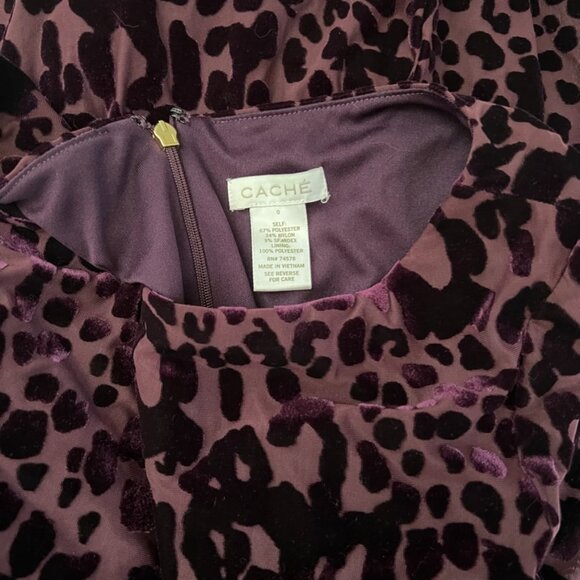 Cache Black Burgundy Velvet Leopard Burnout Fitted Long Sleeve Dress 0 - Picture 4 of 4